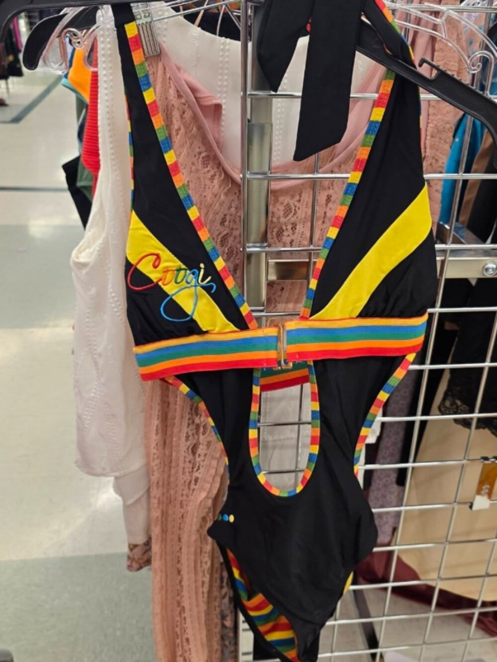 Coogi Women's One-Piece Swimsuit Black Cutout Rainbow Trim
